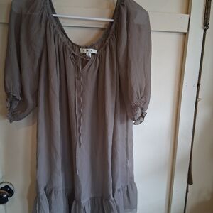 CAbi 100% Silk Peasant Tunic Dress – Taupe Boho – Size M